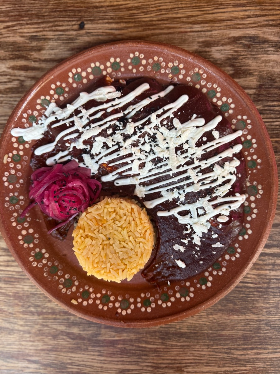 Mole con pollo on traditional clay plate with rice and pickled onion