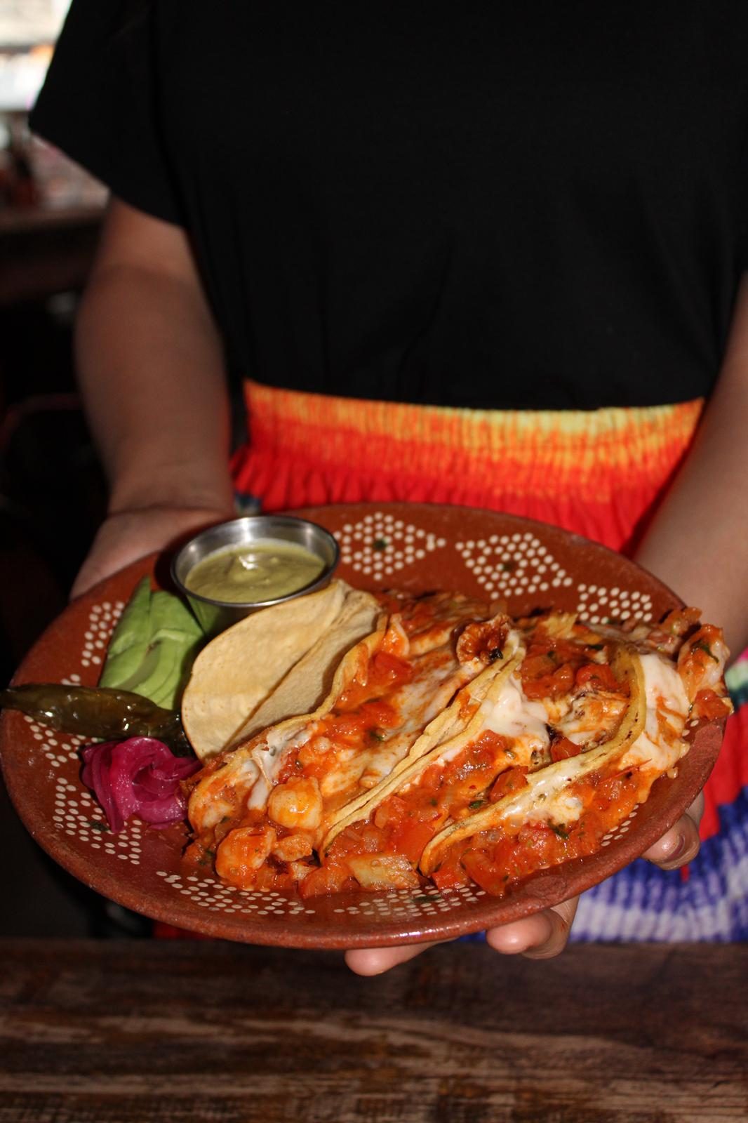 Tacos Gobernador, Sinaloa-style shrimp tacos with melted cheese